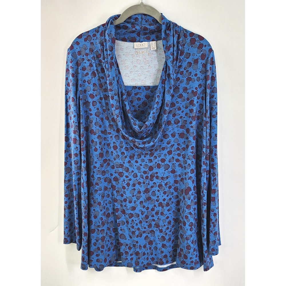 LOGO Shirt Womens Small Legacy Printed Rayon Blue Cowl Neck Tunic